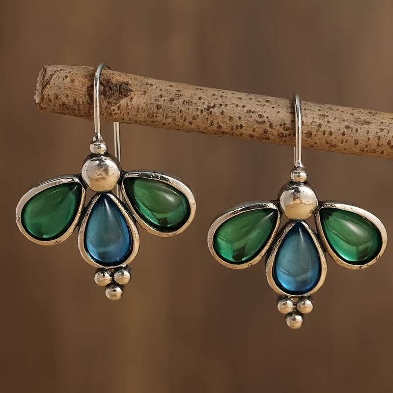 TEMU 1 Pair Bohemian Chic Drop Earrings For Women - Unique With Teal & Golden Accents, Durable Alloy, Casual Attire, Casual Earrings|bohemian Style|