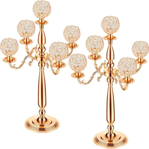 2 Pcs Candelabras Centerpieces 5 Arm Crystal Gold Candle Holders for Table Centerpiece 295 Inch Tall Floor Holder Decor 240731
