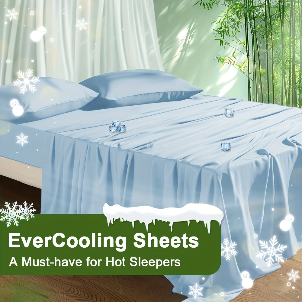TEMU [christmas Gift ]4pcs Cooling Bed Sheet Set - , Lightweight And Breathable, Deep Pocket 16" Fitted Sheet, Flat Sheet And 2 Pillowcases, Machine