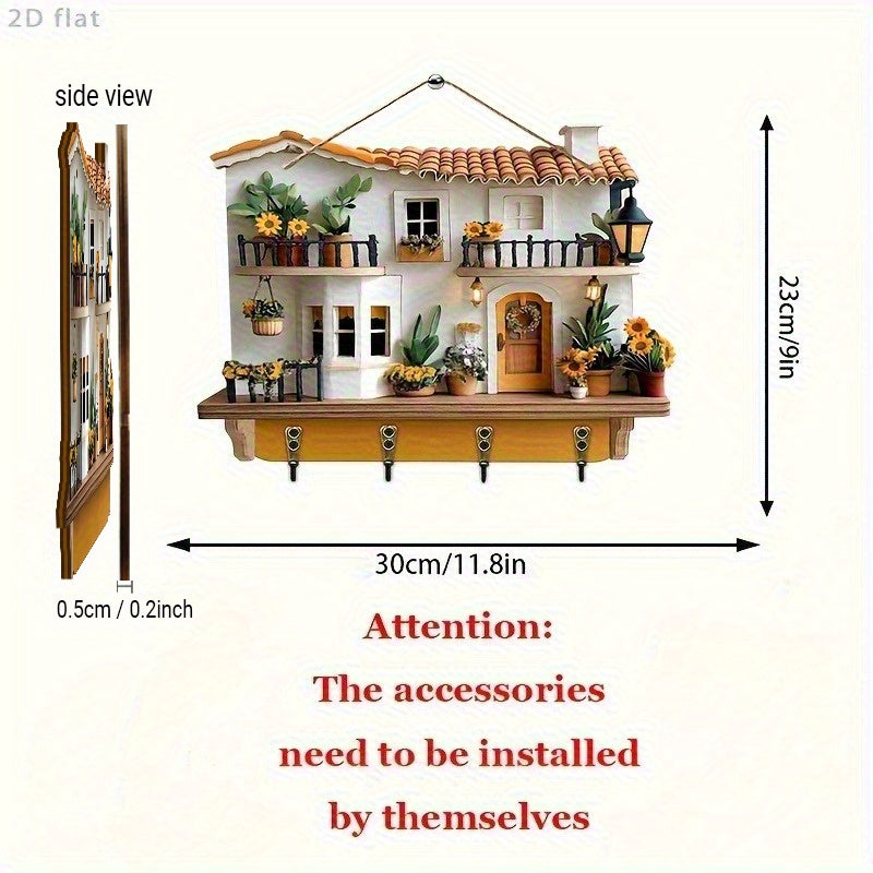 TEMU 2d Flat, 1pc, Sunflower Cottage, Wooden Multifunctional Home Key Hanger (29.97cm X 22.86cm), With 4 Metal Hooks, Wall Decoration, Porch