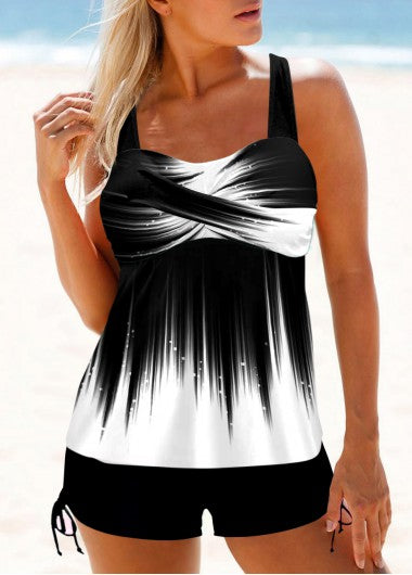Modlily Ombre White Cross Front Wide Strap Tankini Top - S