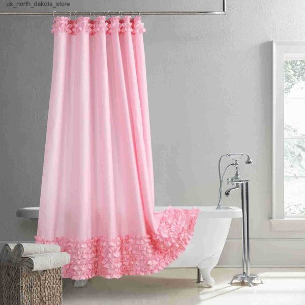 Shower Curtains Ruffle pink modern polyester waterproof fabric solid decoration farmhouse shower curtain J241205