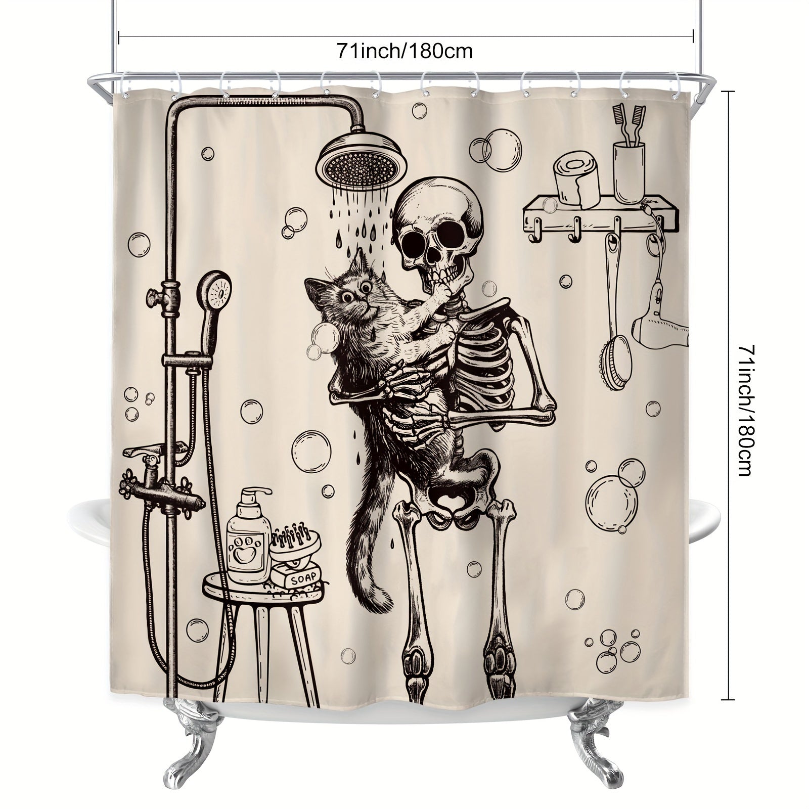 TEMU 1pc-4pcs - Polyester - Funny Skeleton Shower Curtain Set, Vintage Halloween Gothic Weird Bone Shower Horror Waterproof Shower Curtain With 12