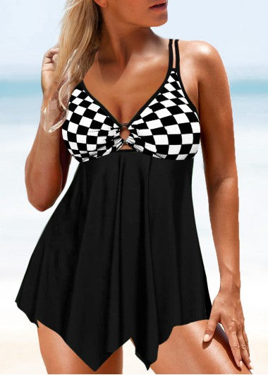 Modlily Asymmetry Plaid Black Tankini Set - S