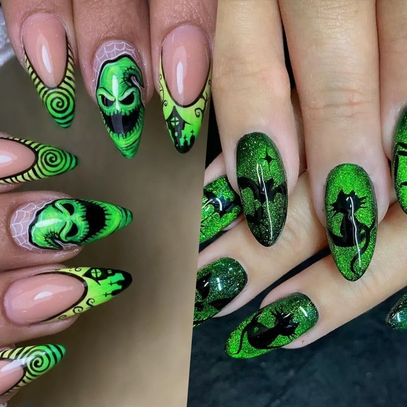 TEMU 48pcs (2pcs) Green French Tip Press On Nails - Horror With Glowing Eyes, Bats & Spooky Patterns, Glossy Almond-shaped Medium Length False Nails