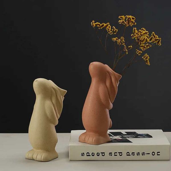 Planters Pots 20.3cm Nordic White Ceramic Decoration Dried Flower Vase Foyer Desktop Study Cute Rabbit Ornament Living Room Flower Planter H