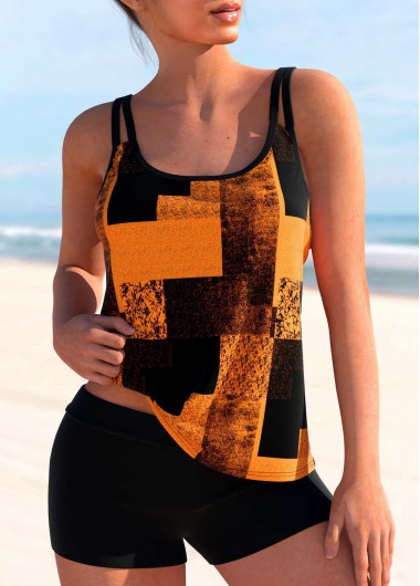 Modlily Geometric Print Double Straps Orange Tankini Top - S