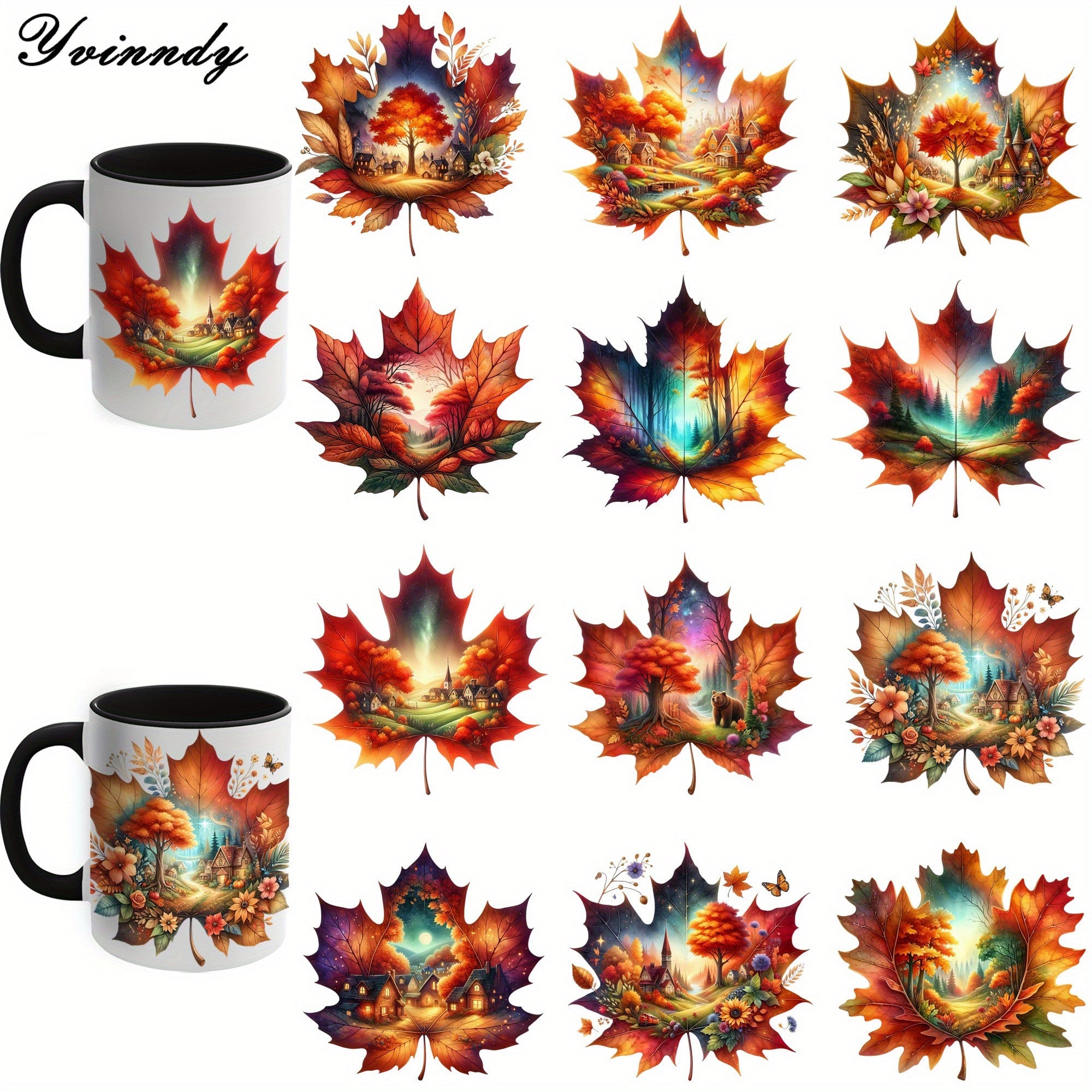 TEMU 12 Sheets Autumn Uv Dtf Transfer Paper - Waterproof Vinyl With Vibrant Designs For Diy Crafts, Scrapbooking, Cups, Bottles, Laptops & School