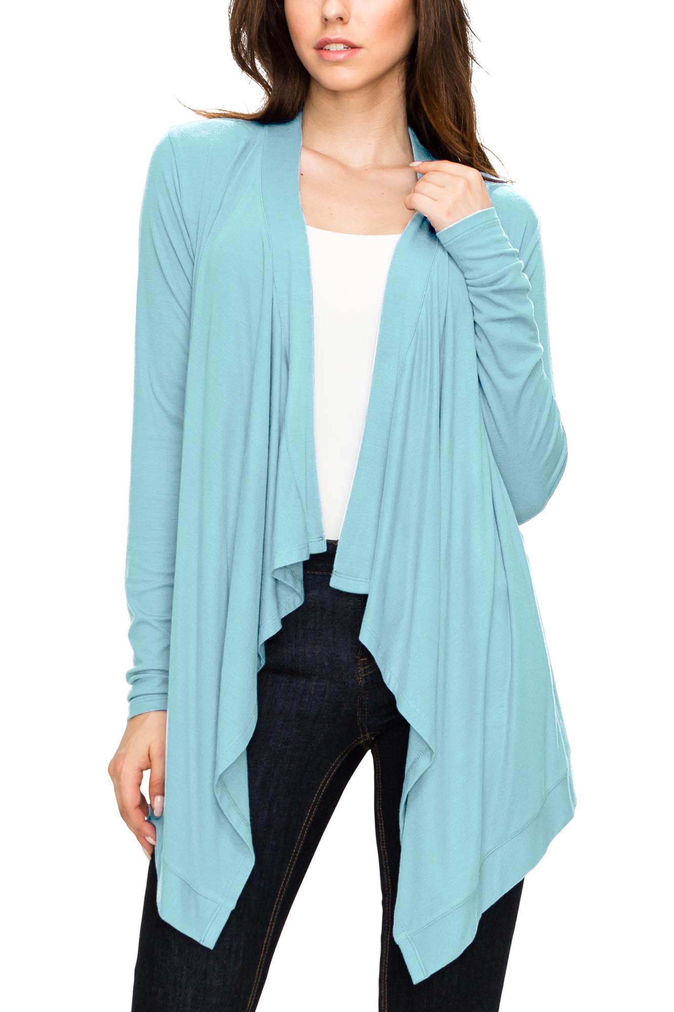 Women's Basic Draped Long Sleeve Open Front Knit Cardigan - AQUA - L
