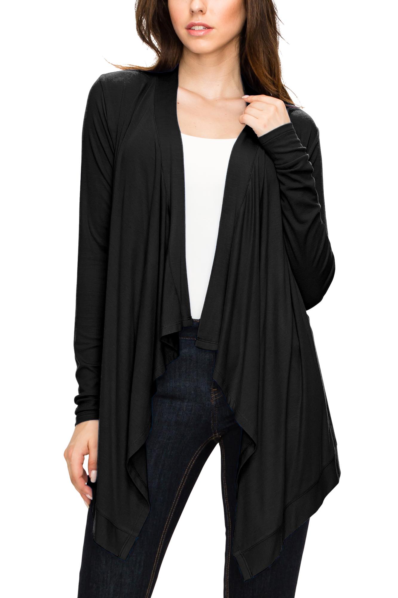 Women's Basic Draped Long Sleeve Open Front Knit Cardigan - BLACK - L