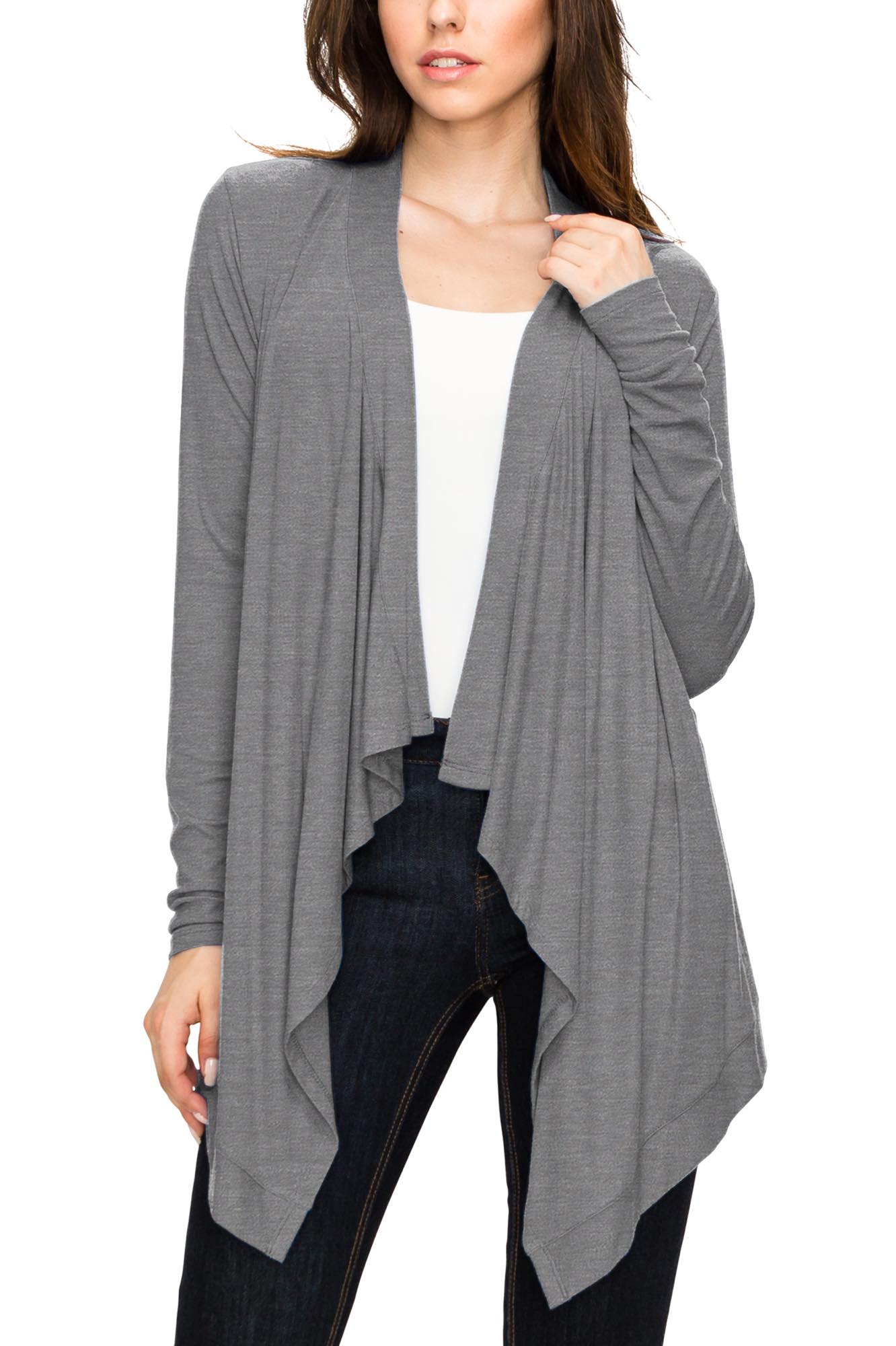 Women's Basic Draped Long Sleeve Open Front Knit Cardigan - HEATHER DARK  GREY - M