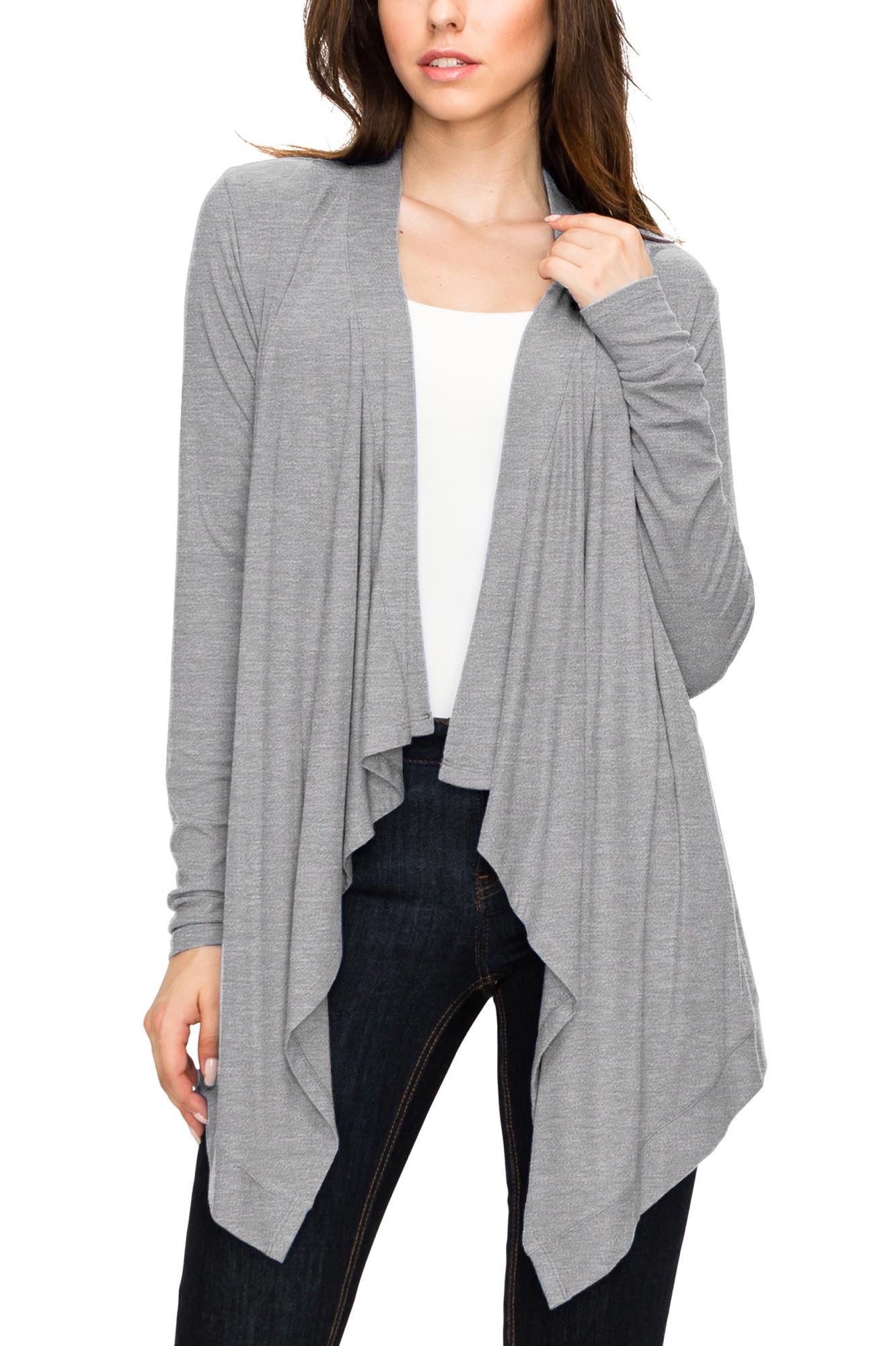 Women's Basic Draped Long Sleeve Open Front Knit Cardigan - HEATHER GREY - S