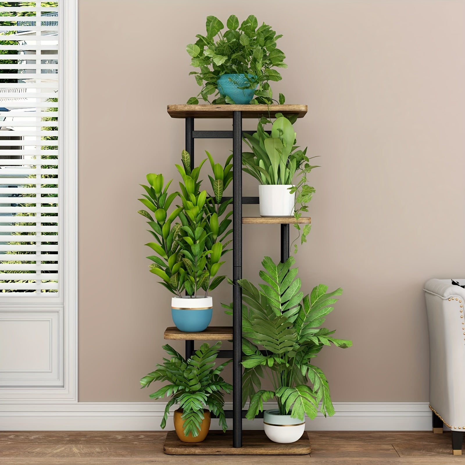 TEMU 1pc Plant Stand, 4 Tier 5 Potted Multiple Flower Pot Holder Shelf, Indoor Outdoor Planter Rack, Storage Organizer, For Patio Room