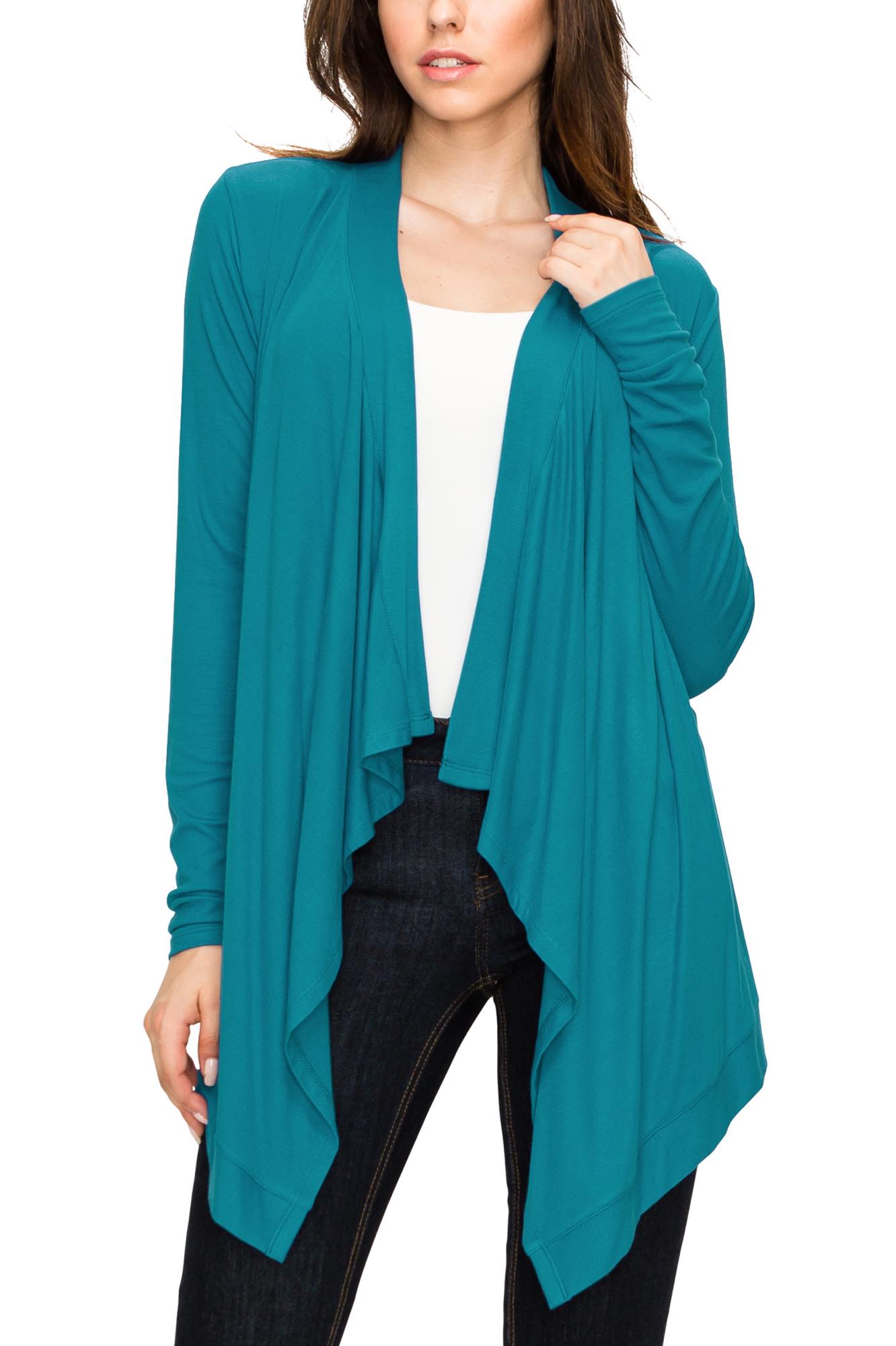 Women's Basic Draped Long Sleeve Open Front Knit Cardigan - JADE - L