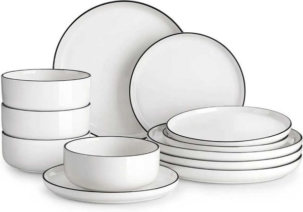 Plates and Bowls Sets 12 Pieces Modern Porcelain Dinnerware Set for 4 White Kitchen Dinner Dining Ware Set wtih BlackXJ241209