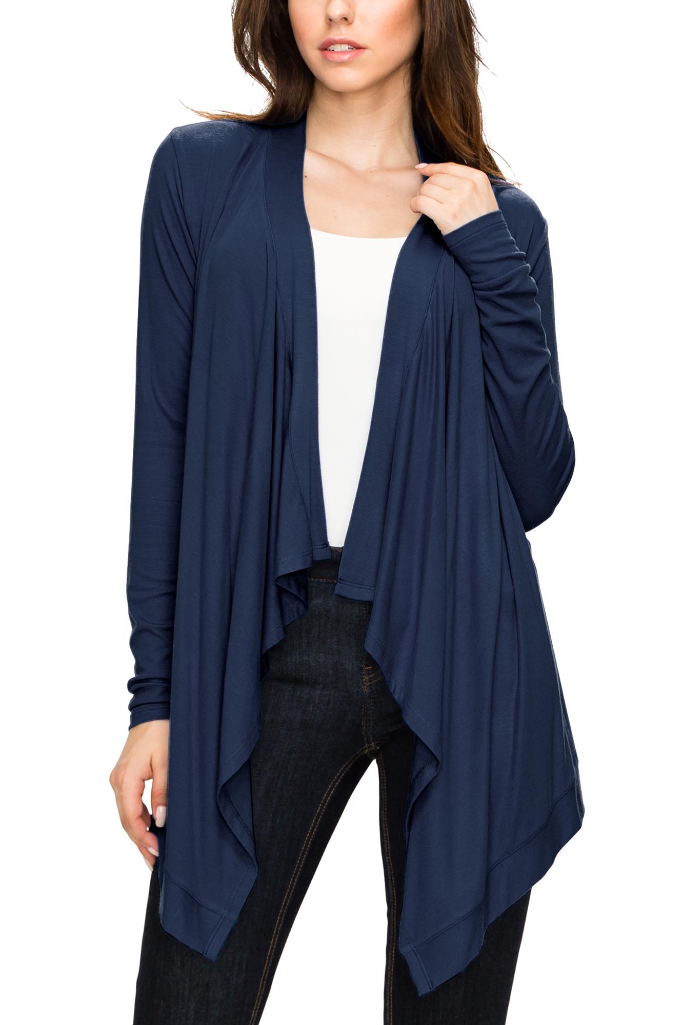 Women's Basic Draped Long Sleeve Open Front Knit Cardigan - NAVY - S