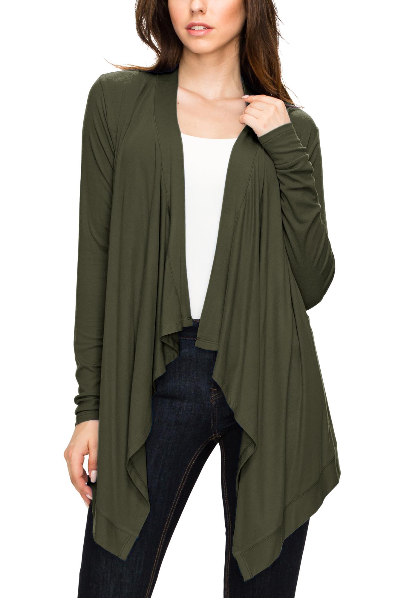 Women's Basic Draped Long Sleeve Open Front Knit Cardigan - OLIVE - 2X