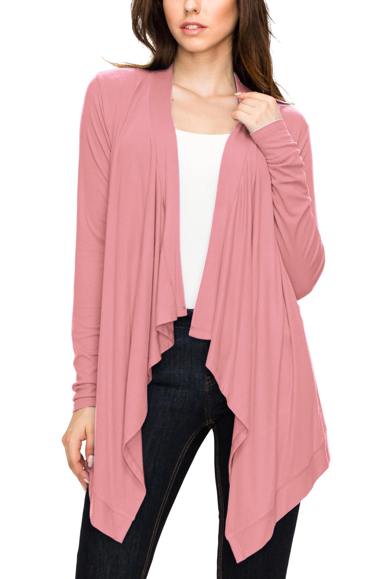 Women's Basic Draped Long Sleeve Open Front Knit Cardigan - PINK - S