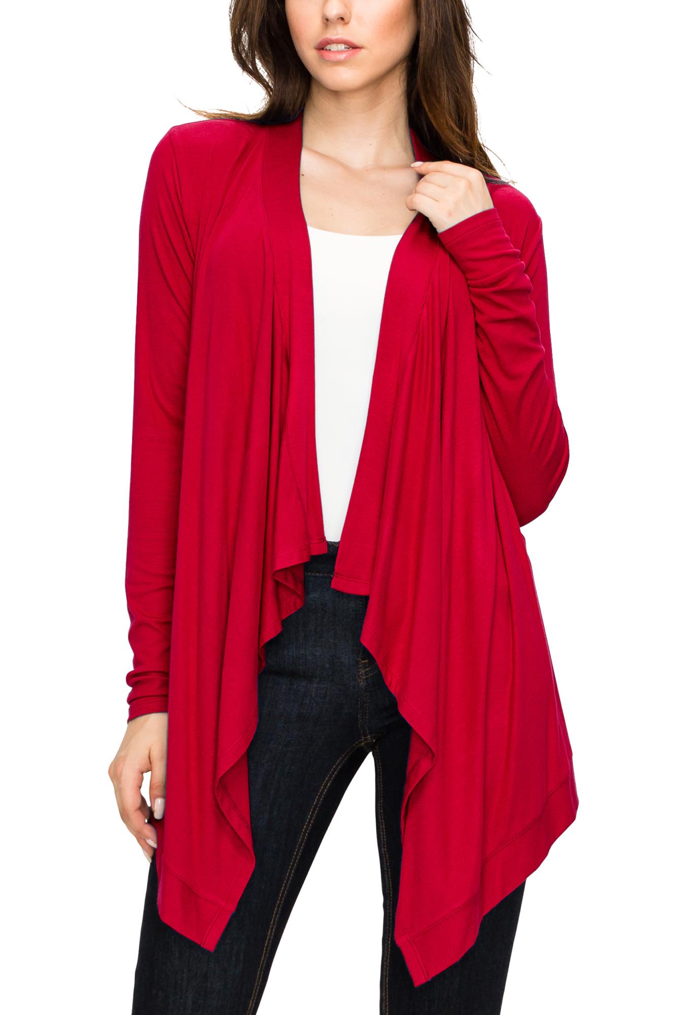 Women's Basic Draped Long Sleeve Open Front Knit Cardigan - RED - S