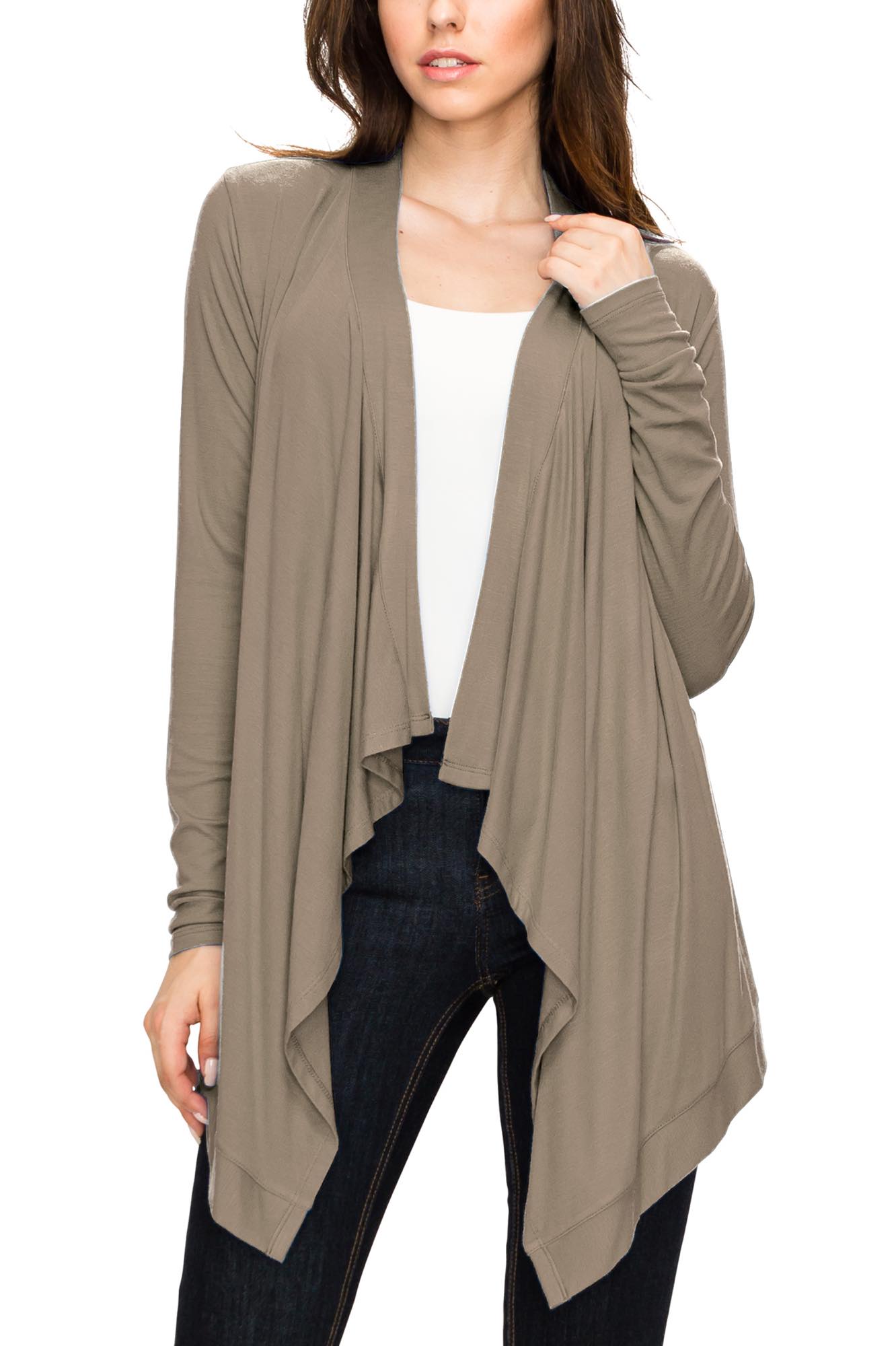 Women's Basic Draped Long Sleeve Open Front Knit Cardigan - TAUPE - S