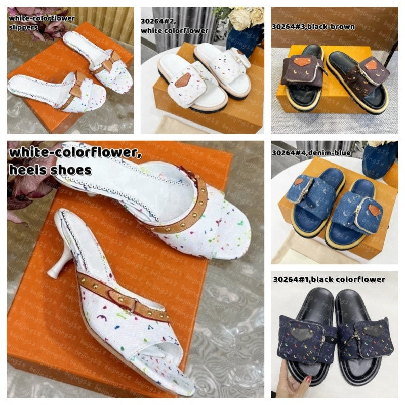 Premium Quality Fashion Designer Flowers Letter Pattern Slippers Sandals Heels Shoes Size 35-42-45
