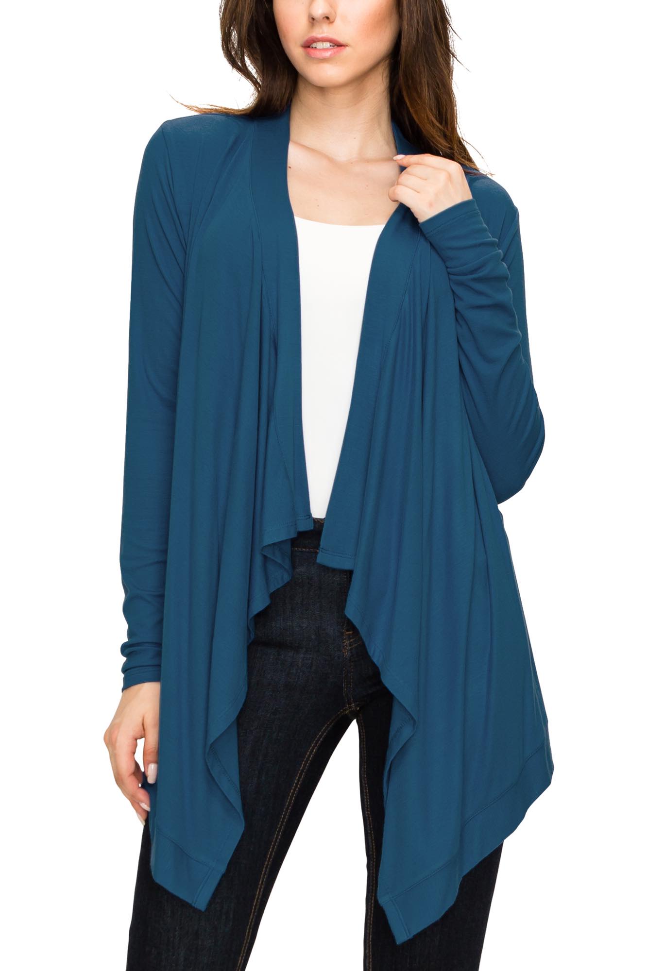 Women's Basic Draped Long Sleeve Open Front Knit Cardigan - TEAL - L
