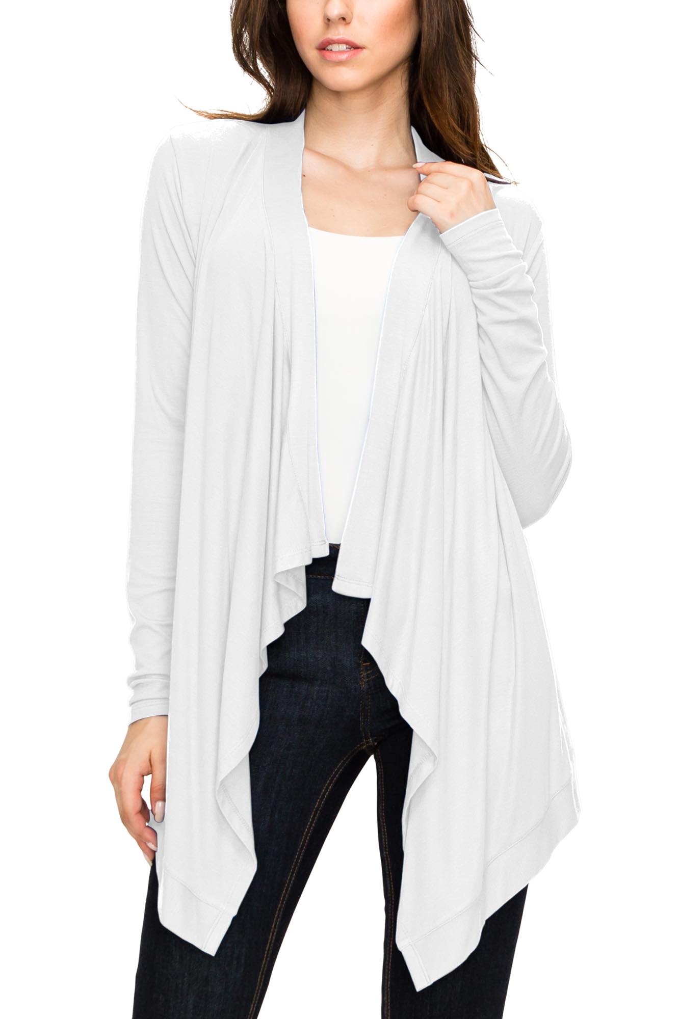 Women's Basic Draped Long Sleeve Open Front Knit Cardigan - WHITE - S
