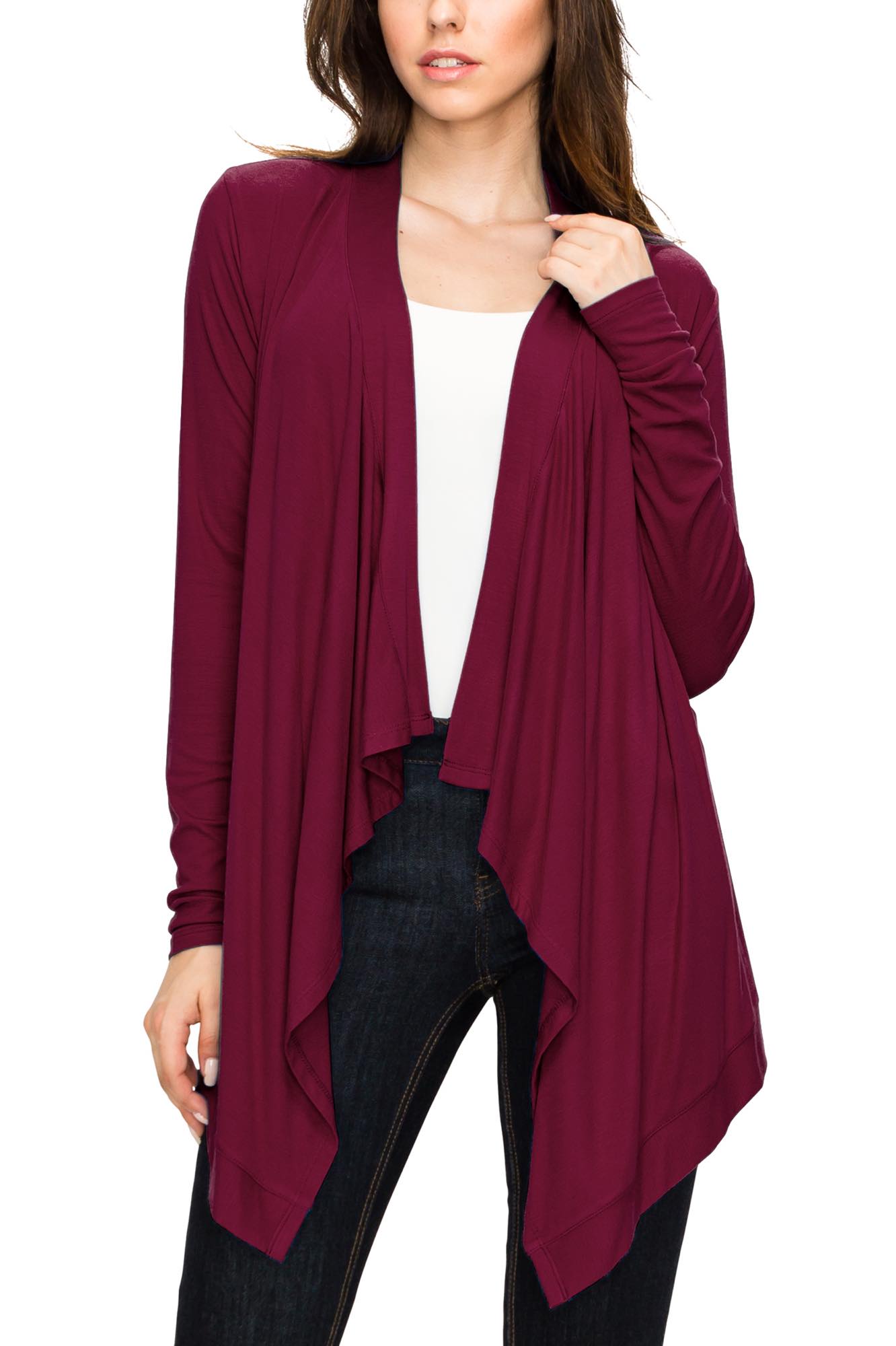 Women's Basic Draped Long Sleeve Open Front Knit Cardigan - WINE - 2X