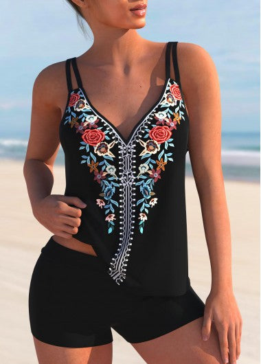 Modlily Floral Print V-Neck Black Spaghetti Strap Tankini Double Straps Tankini Top - S