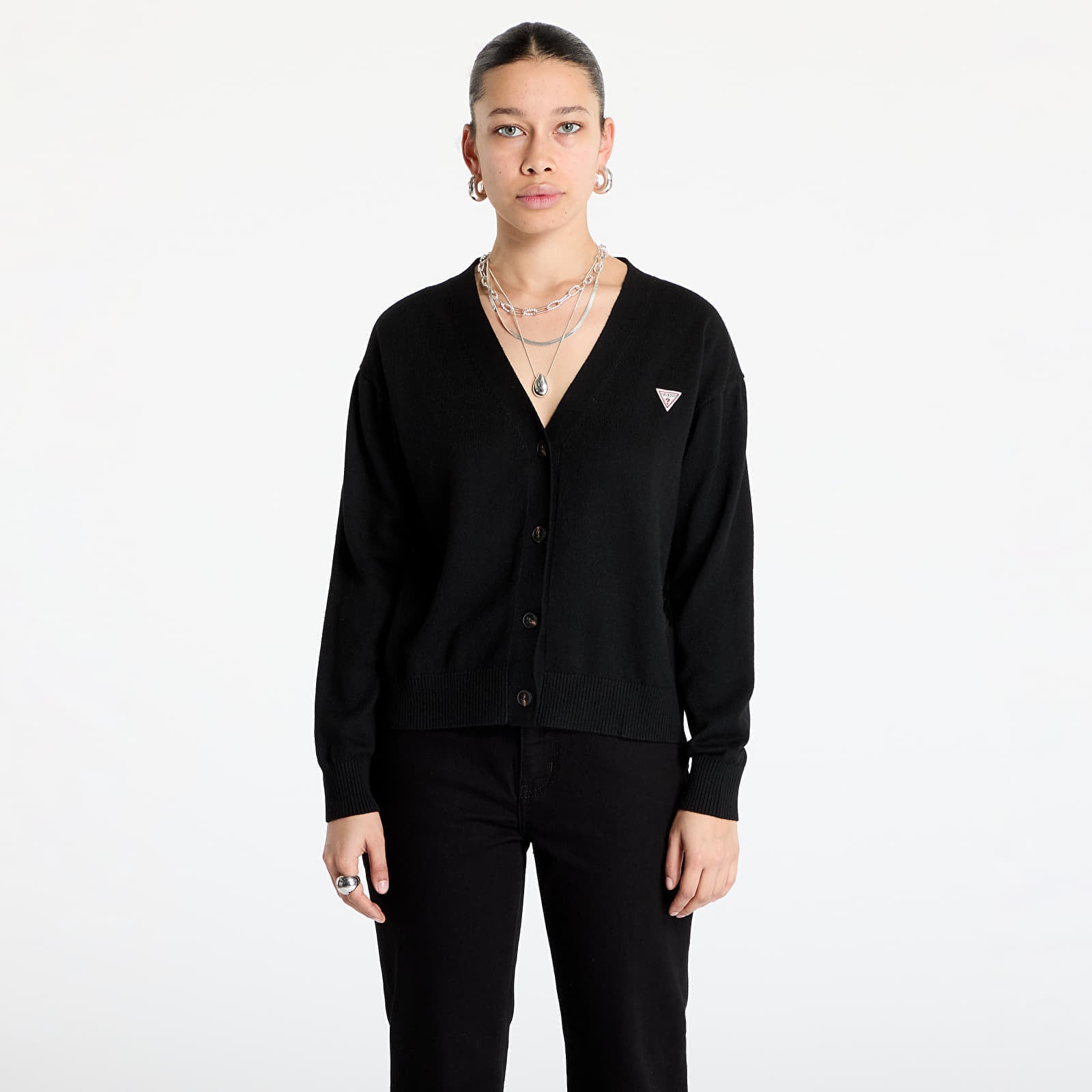 Sweter Guess JEANS Silk and Wool-Blend Mini Triangle Cardigan Jet Black A996 XS