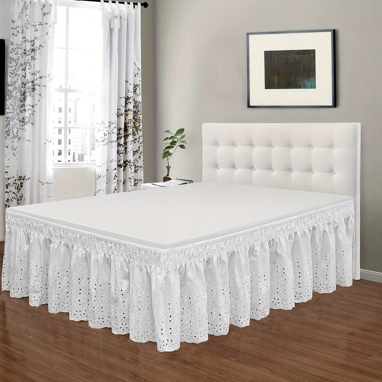 TEMU 1pc Contemporary White Embroidered Bed Skirt, 18-inch Square, 100% Polyester, Machine Washable, Ruffle , Wrinkle-resistant, Woven Fabric,