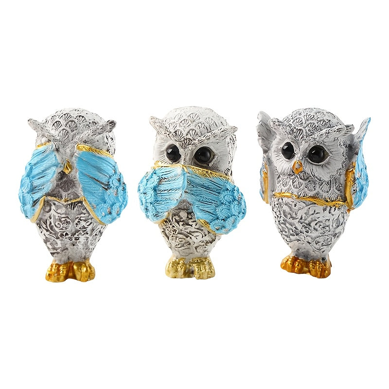 TEMU 3pcs Elegant Resin Owl Figurines With Blue & Golden Accents - Intricate Floral Patterns, Home, Office, Or Car Decor | Ideal Birthday Gift For