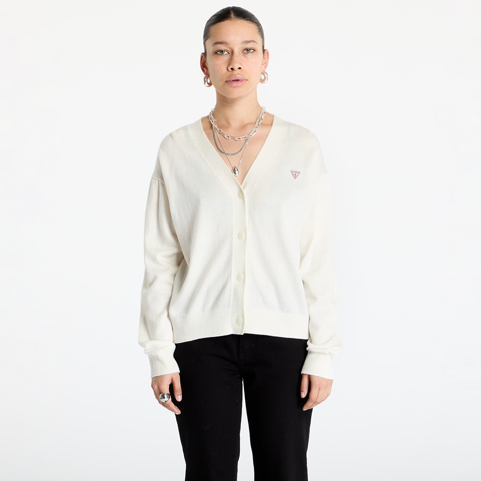 Sweter Guess JEANS Silk and Wool-Blend Mini Triangle Cardigan Warm White S