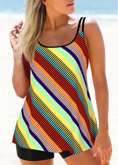 Modlily Double Straps Color Block Striped Tankini Top - S