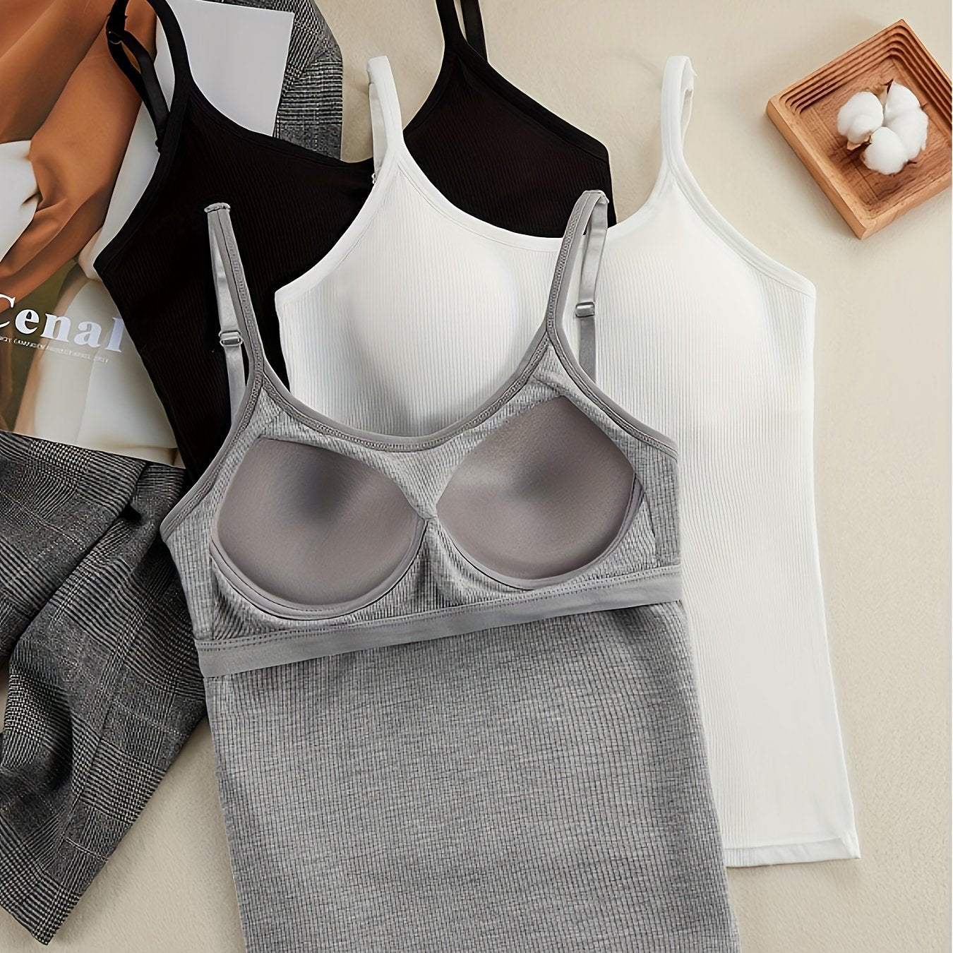 TEMU 3-pack Padded Camisole Tank Tops, Simple Elastic Breathable Cami Top, Women's Lingerie & Underwear