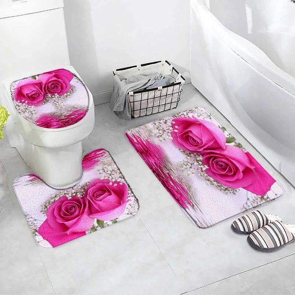 Rose Bath Mat Set Natural Flower Reflection Scene Modern Womens Home Carpet Bathroom Decoration Anti slip Carpet Toilet Cover M240829