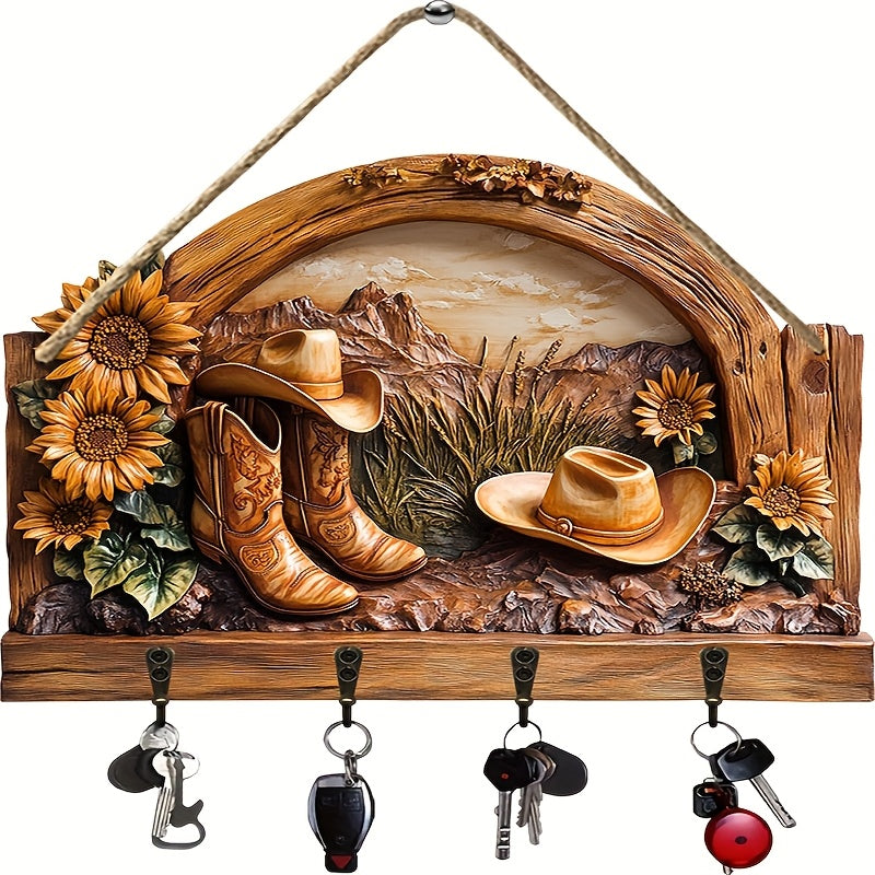 TEMU 1pc 2d Flat Sunflower Cowboy Hat, Simple Colorful Wood With Key Hanger With 4 Metal Hooks, Farmhouse Wall Decoration, Porch Decoration, Room