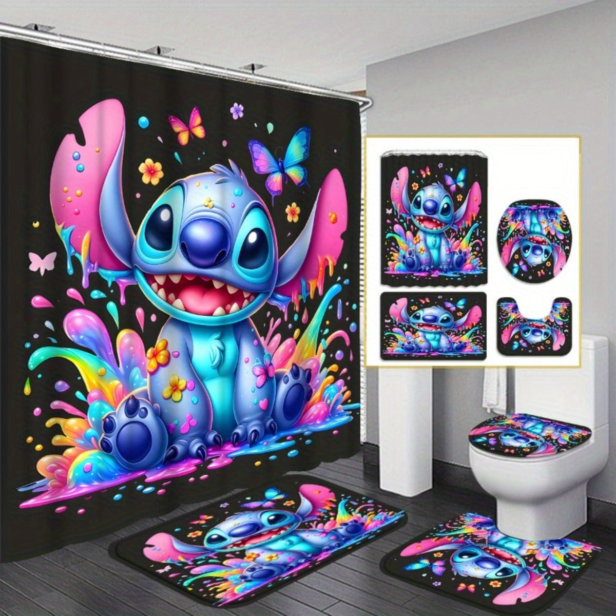 TEMU 1pc-4pcs Stitching, Multicolor Background Pattern Shower Curtain, Modern Personality Bathroom Decor, Fabric Shower Curtain Set With 12 Hooks,