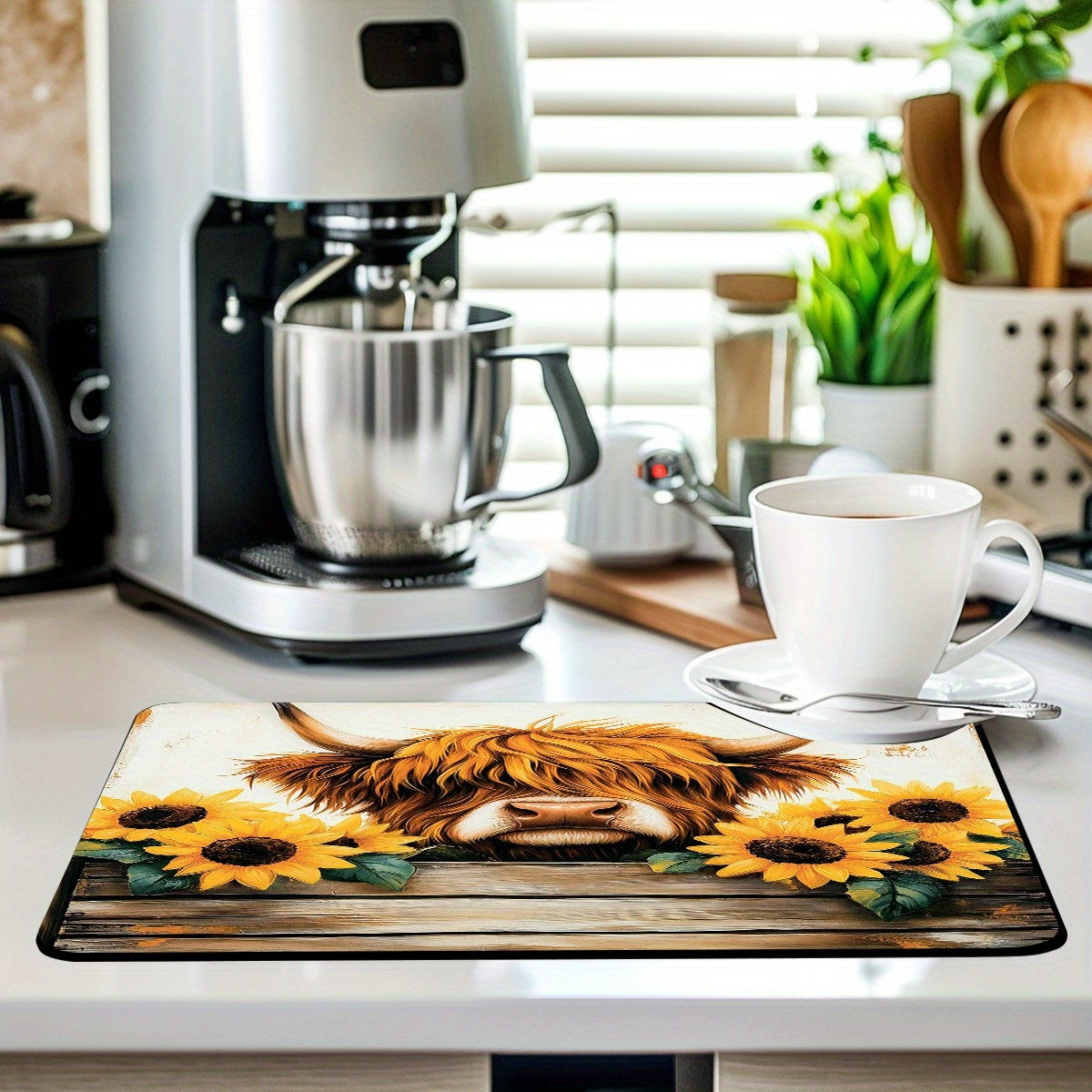 TEMU 1pc Rustic Sunflower & Highland Cow Design Absorbent Kitchen Mat - Quick Dry, Non-slip Rubber Dish Drying Mat For Coffee, Drinks, And Utensils -