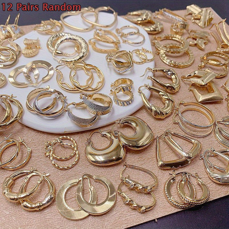 TEMU 12pairs Golden Exquisite Stud Earrings For Women, Glossy Chunky Shaped Hoop Earrings Copper Jewelry Vintage Elegant Style Women Geometric Ear