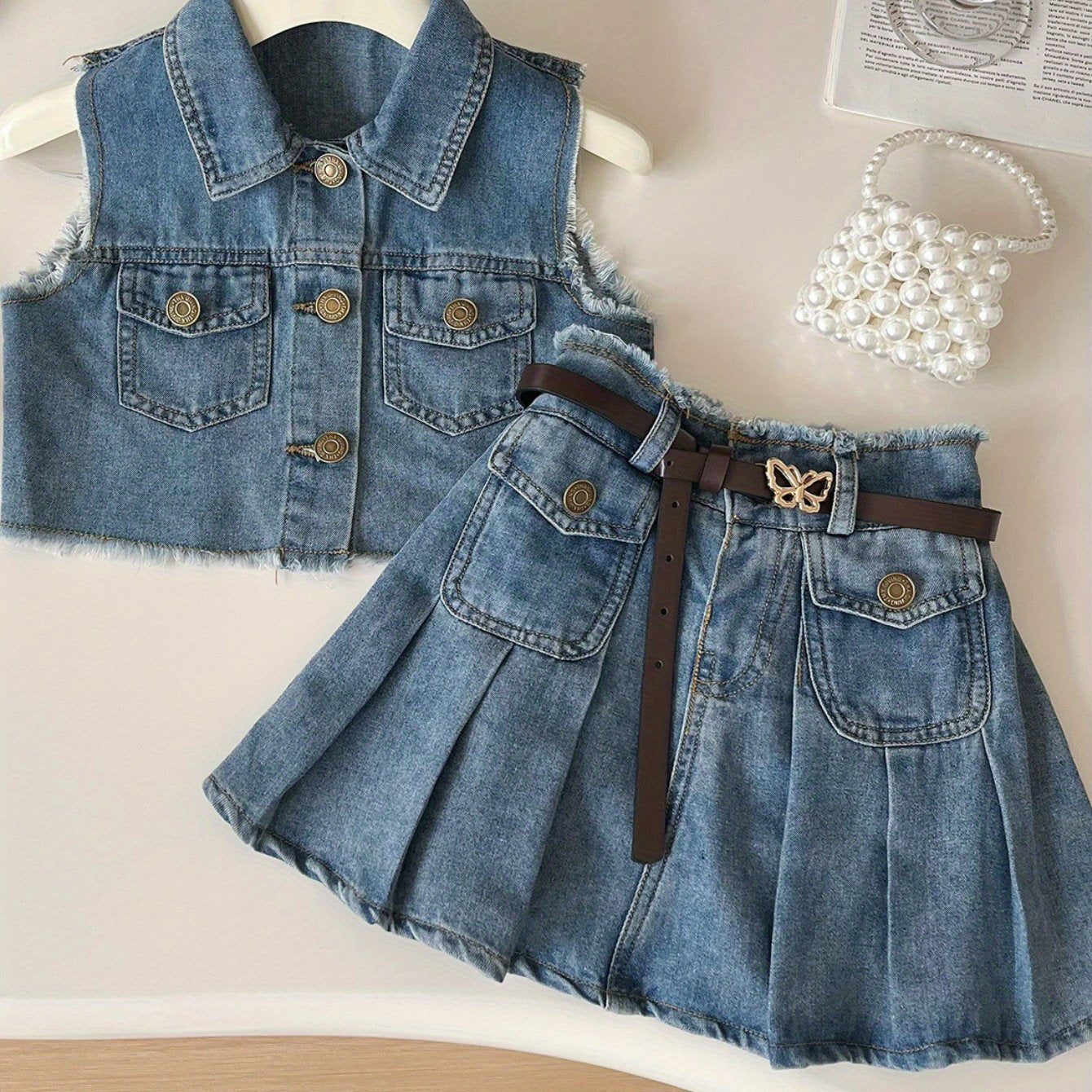 TEMU And Summer Collection For 2025: A Cute Two-piece Set For Girls Featuring A Denim Vest And A Pleated Skirt, For Outdoor, Perfect For Outdoor