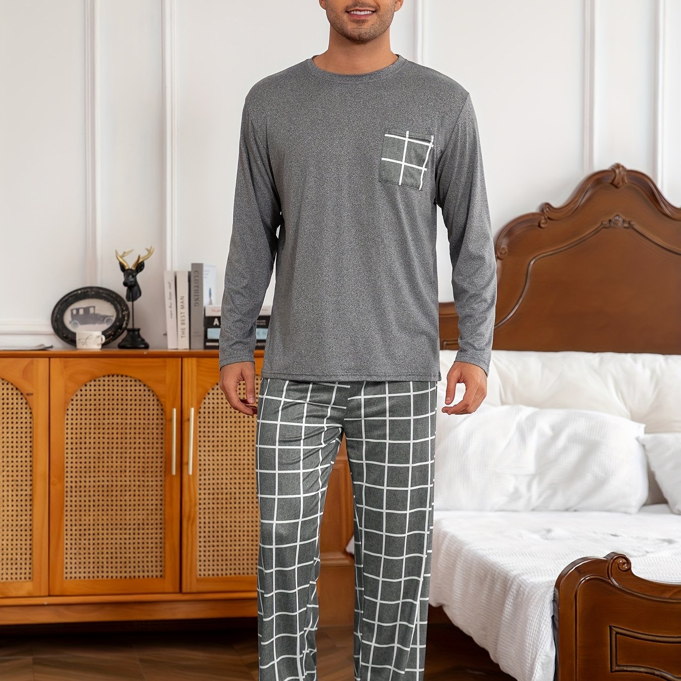 TEMU Men's Casual Gray Pajama Set With Long Sleeve Pullover And Checked Pants - Polyester, , Home Relaxation Attire, Bedroom Essentials | Checked