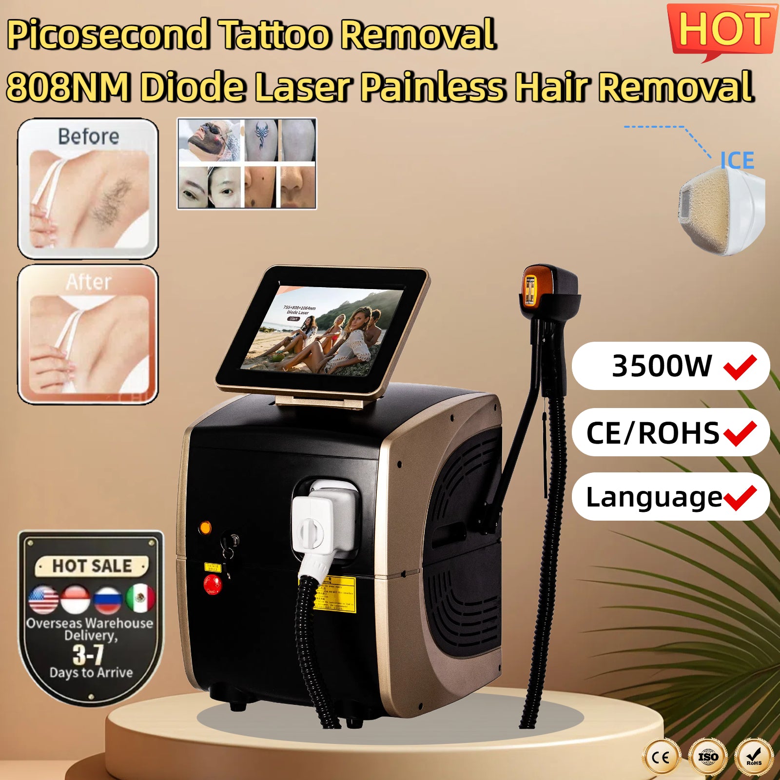 New 3000W Diode Removal 808nm Laser Hair Removal Machine Professional Diode Professional Laser CE-ROHS 755-808-1064nm