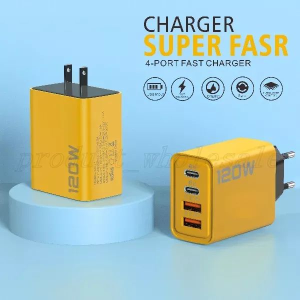 Hot selg 120W Bumblebee Yellow Super Fast KO-71 2PD+2USB Charging for Laptops Tablets Mobilephones Travel Wall EU US Plug Charger with Retai