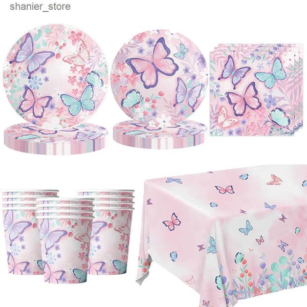 Disposable Dinnerware Butterfly Birthday Party Decoration Disposable Party Plates Cup Napkin Tablecloth Butterfly Knfe Birthday Decoration B