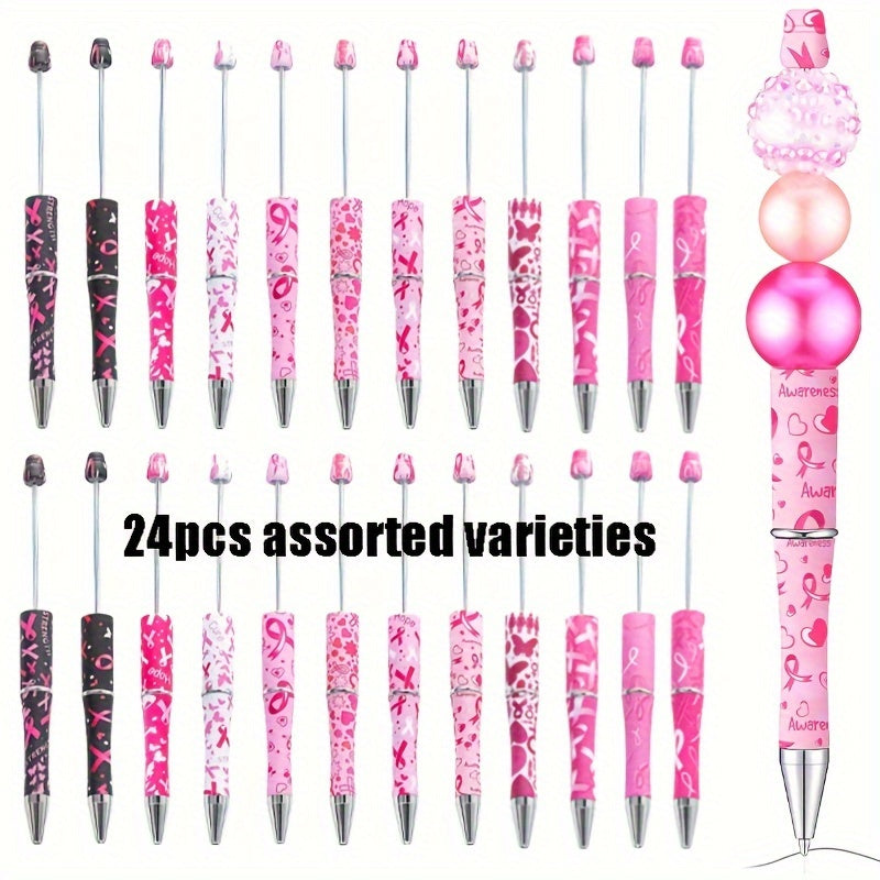 TEMU 24pcs Assorted Silk Plastic Bead Pens Bulk Pink Beadable Ballpoint Pens With Black Ink For Diy Making Back-to-school Gift School Office Supplies