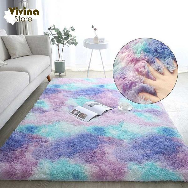 Carpets Rainbow Fluffy Carpet For Living Room Plush Rug For Bedroom Colorful Girl Rug Christmas Decoration House Interior Warm Floor Mat J24