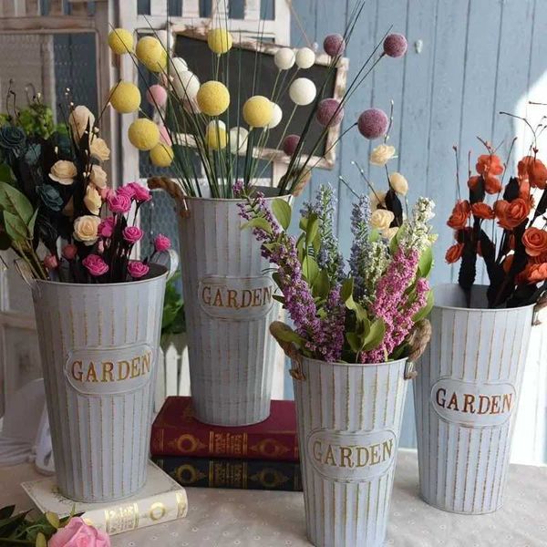 Planters Pots Vintage Iron Flower Bucket Iron Art Flower Bucket Dry Flower Vase American Decorative Pot H241206