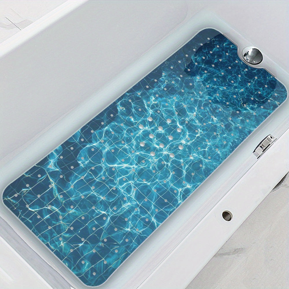 TEMU Non-slip Suction Cup Bathtub Mat For & - Blue Water Pattern Pvc Mat With Safety Drainage Holes, Machine Washable, Family Bathroom Use, Bath Mat,
