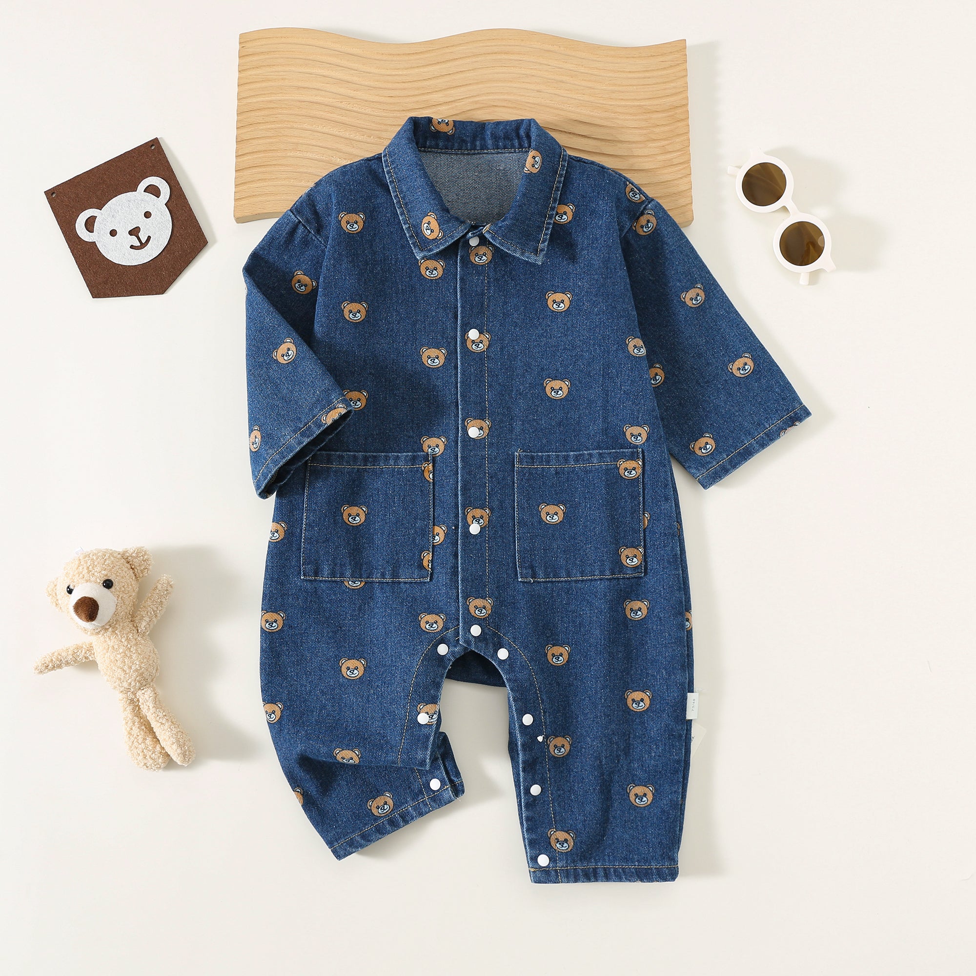 Baby Cowboy jumpsuit Spring and Autumn thin outerwear for boys and girls, with a slightly elastic long sleeved crawling suit that can be opened with